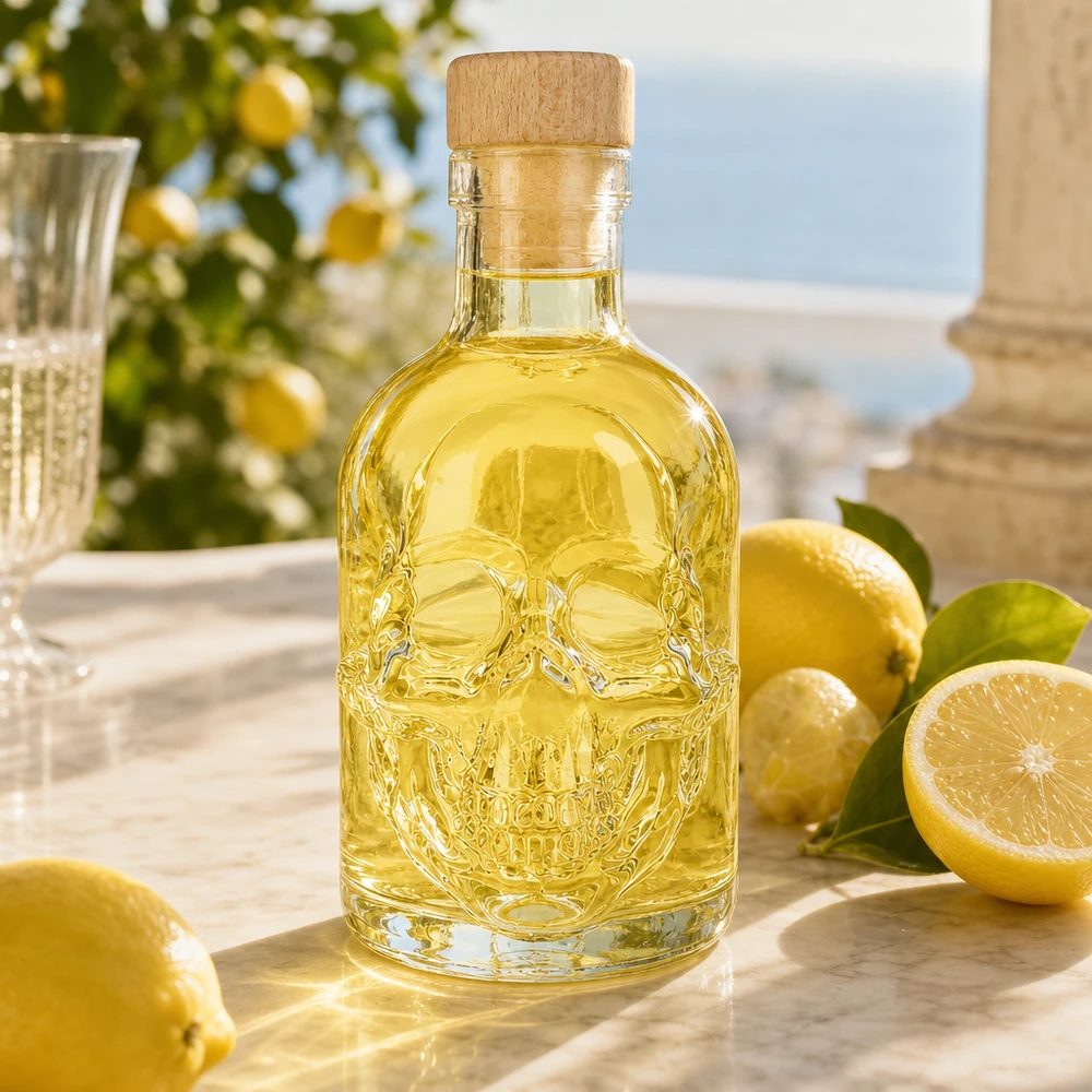 200 ml glasflaska Jack med kork med trähandtag UNiTWIST® Dekorative Glasflasche Jack 200ml mit gelbem Inhalt zwischen Zitronen, stilvolle Küchendeko mit Totenkopf-Relief