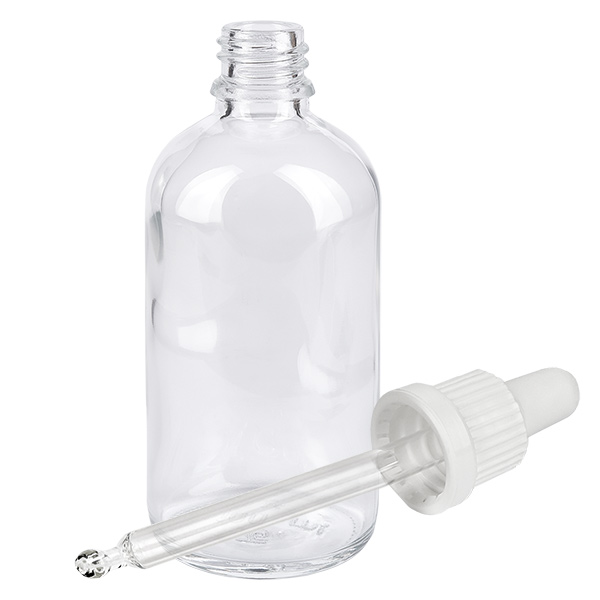 100 ml pipettflaska vit med säkerhetsförslutning ClearLine UT18/100 Tom glasflaska på 100 ml med vit pipett i plast för laboratoriebruk