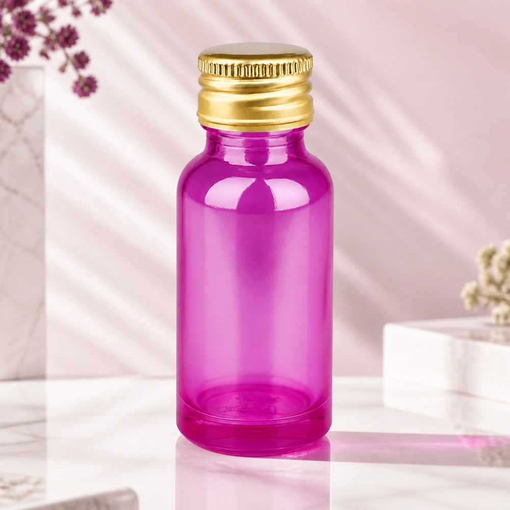 Kompakt 20 ml violett glasflaska med 11 mm standardgänga och guldlock för mobil användning