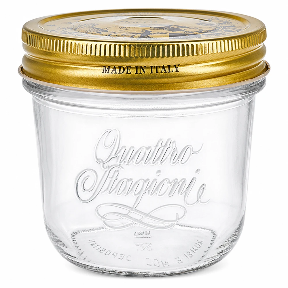 200 ml "Quattro Stagioni" Krossade glasögon med lock 200 ml Quattro Stagioni-burk med skruvlock i guld Tillverkad i Italien Konserveringsburk för konserver och sylt