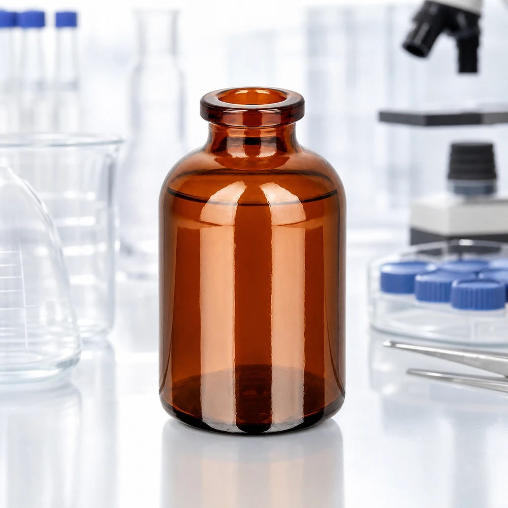 Injektionsflaska av bärnstensfärgat glas 30ml Hochwertige Injektionsflasche 30ml aus braunem Glas mit glattem Zylinderkörper und Rollrand