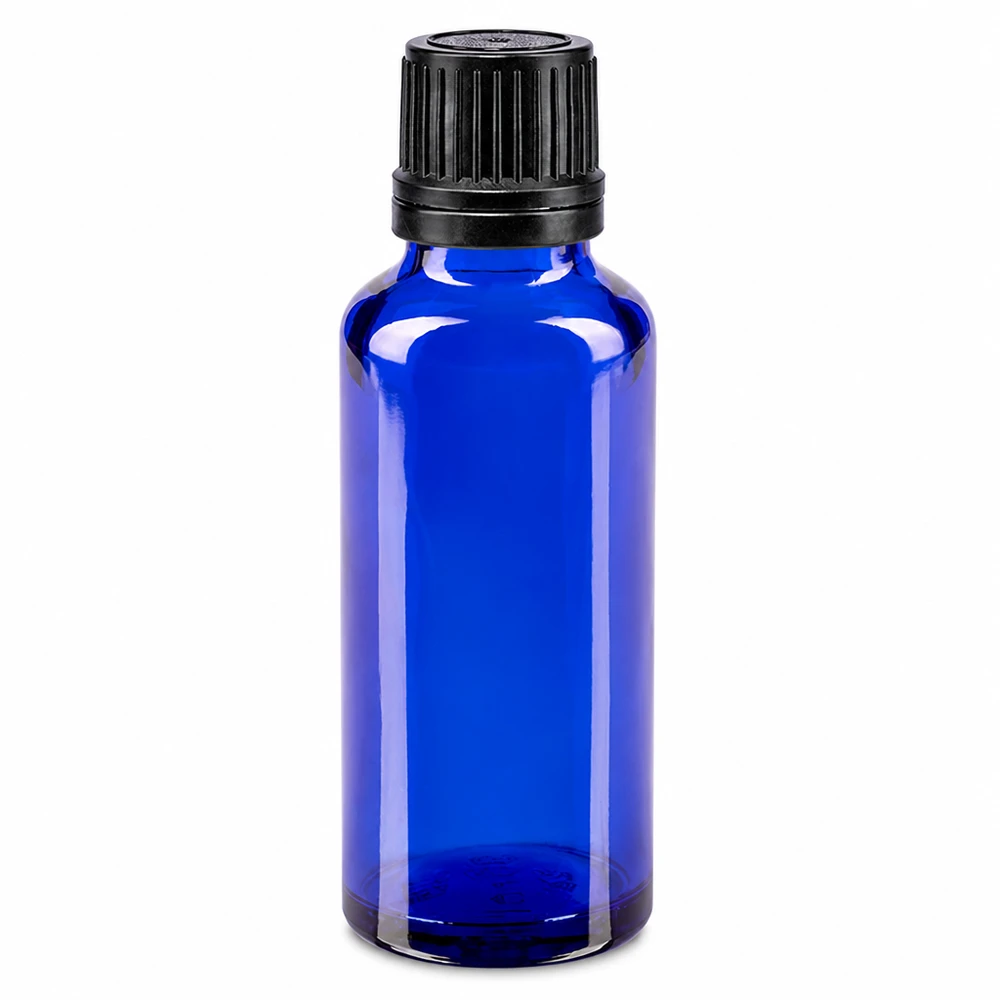 Apoteksflaska blå 30ml skruvkork svart hällring tamper-evident stängning 30 ml blå glasflaska med svart OV-lock (8 mm) för apotek och laboratorier