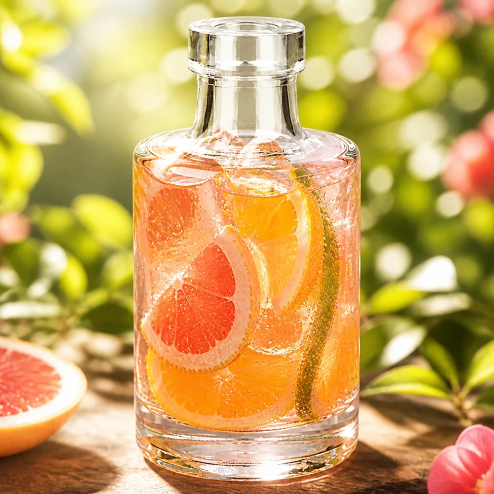 100 ml glasflaska Marie med grapefruktdrink och isbitar i en naturlig trädgårdsmiljö med frukt