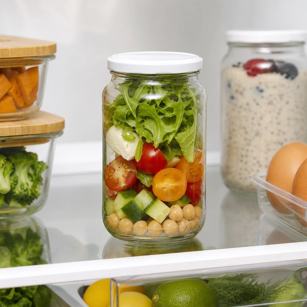 1062ml rund burk med BasicSeal-lock vit UNiTWIST 1062ml rund burk BasicSeal lock med sallad i kylskåp Meal Prep Behållare förvaring färsk mat