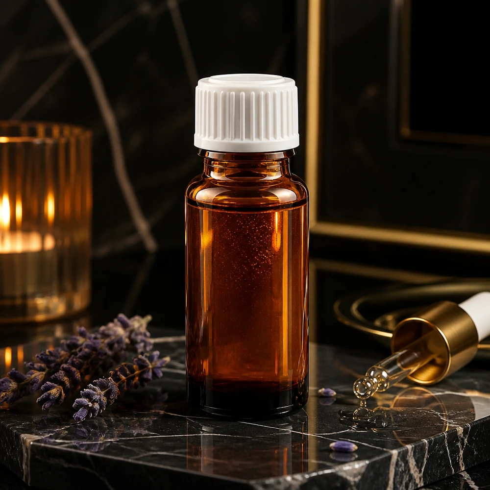 Apoteksflaska brun 10ml droppflaska vit 0,8mm standard En bärnstensfärgad 10 ml-flaska med vit STD-droppkork på svart marmor med lavendel