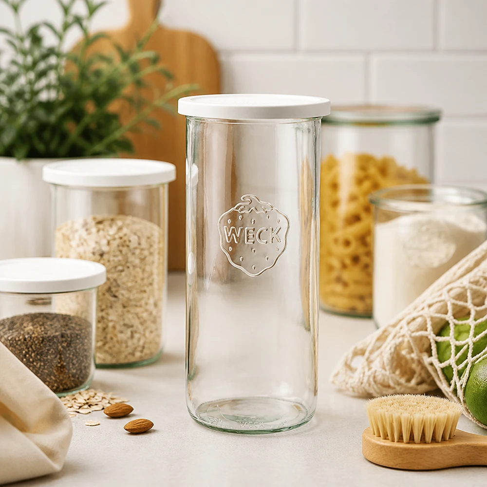 1500ml Krossade glasögon med lock WECK RR100 WECK 1500 ml RR100-glas i ett modernt kök med pastaförvaringsburkar och hållbara ekoprodukter