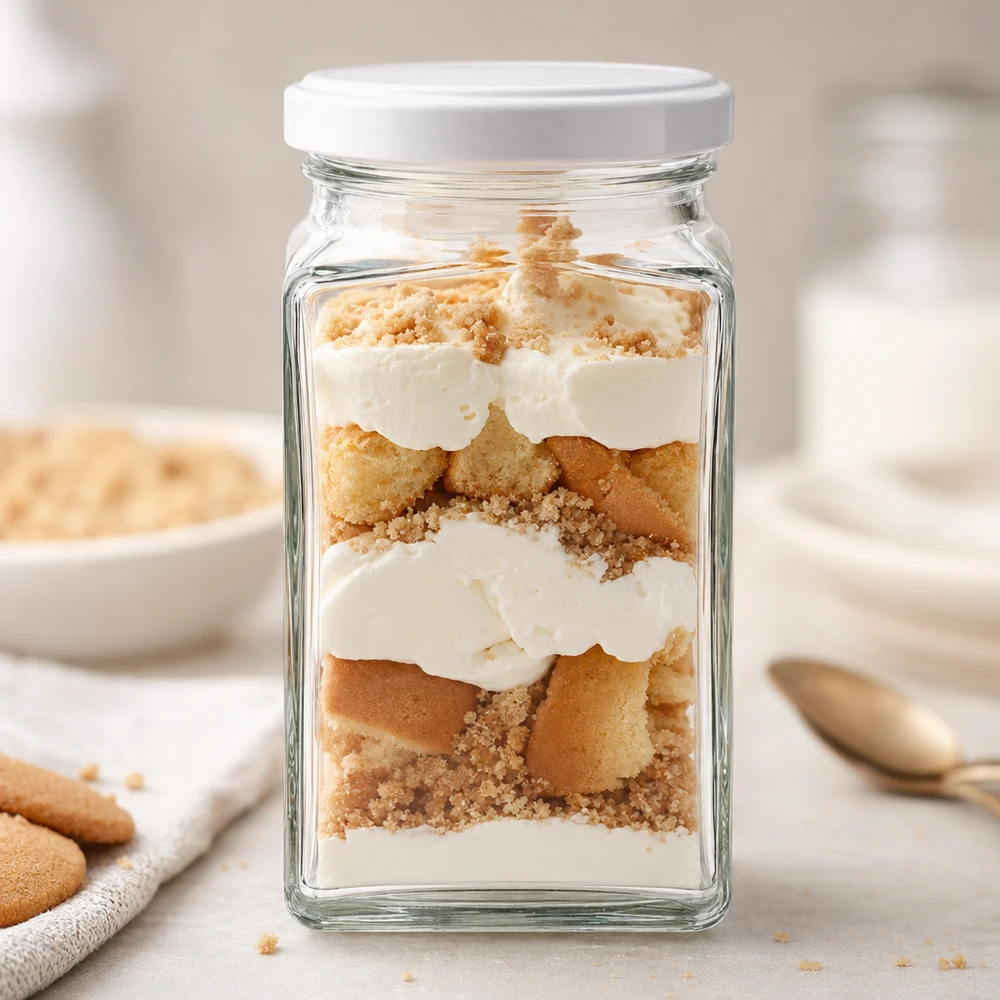 260 ml Tetra-glas BasicSeal vitt som dessertglas fyllt med tiramisu skiktad dessert bredvid ladyfingers Köksbord
