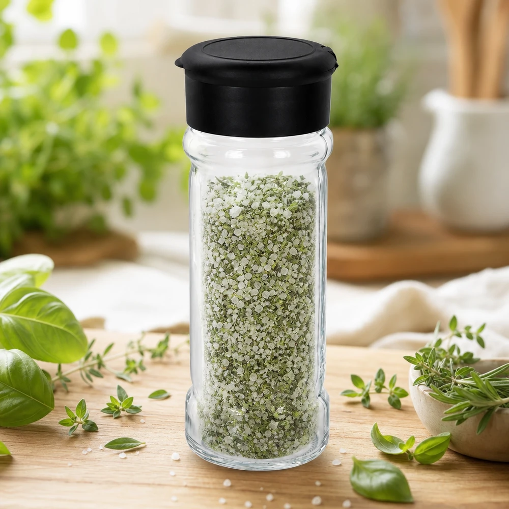 Salt-/kryddburk 100 ml med ströare, svart Ört- och kryddsalt i en genomskinlig glasströare på 100 ml med svart plastlock på träunderlag
