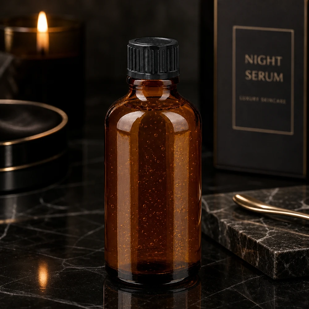 Premium 50 ml bärnstensfärgad glasflaska med matt yta och svart skruvlock för hudvård