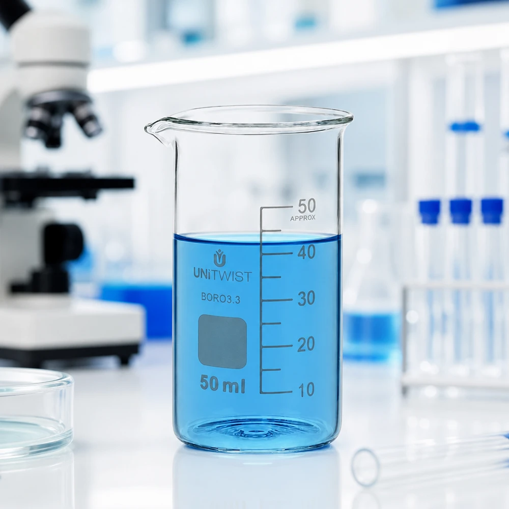 UNITWIST mätglas 50 ml, borosilikatglas, hög form med blå vätska i laboratoriet