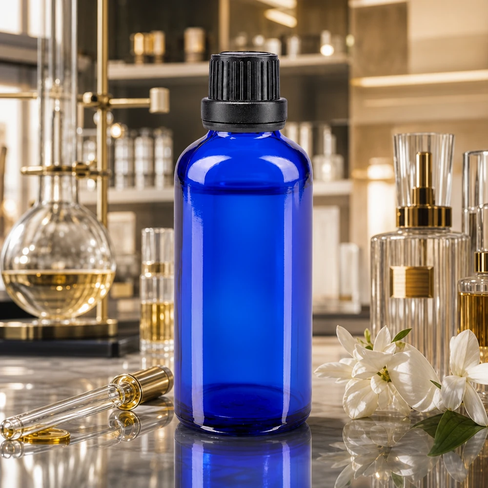 Apoteksflaska blå 50ml skruvkork svart manipulationsskyddad förslutning Blå glasflaska på 50 ml med svart barnsäkerhetslock i parfymlaboratoriet