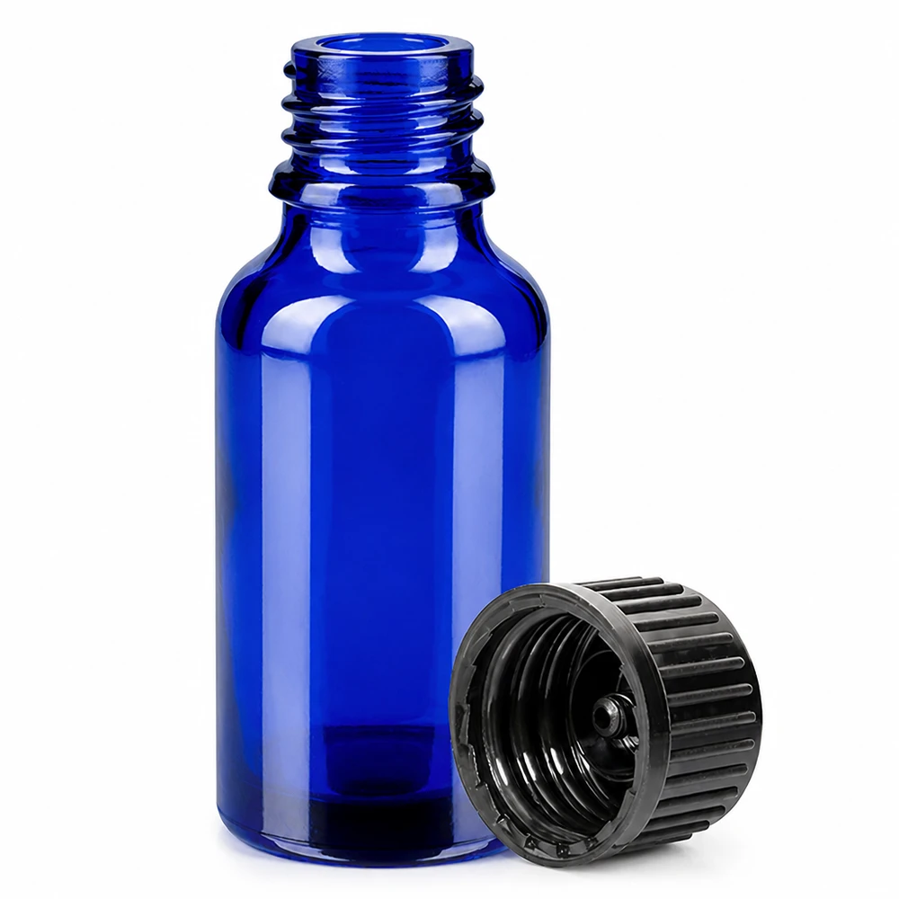 20ml flaska 11mm skruvkork svart standard BlueLine UT18/20 Liten 20 ml flaska med 11 mm gänga i koboltblått för exakt dosering av vätskor