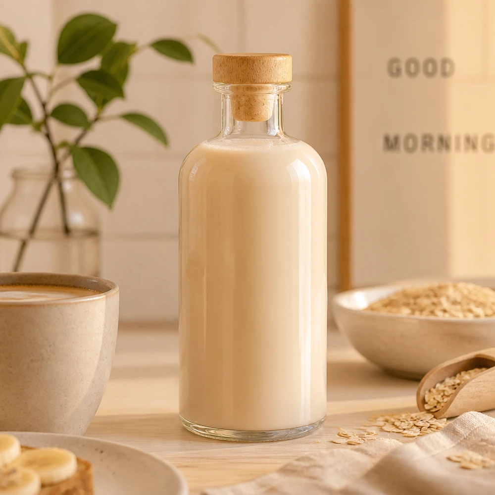 500 ml Apoteksflaska Flora med kork med trähandtag UNiTWIST® Glasflaska Flora 500ml fylld med havremjölk mellan havreflingor och skål i naturkök