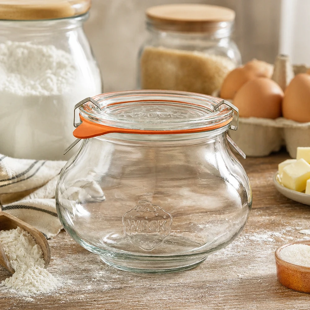 WECK dekorativ burk 560ml RR80 i rustikt kök med bakingredienser, mjöl och ägg, perfekt för köksorganisation