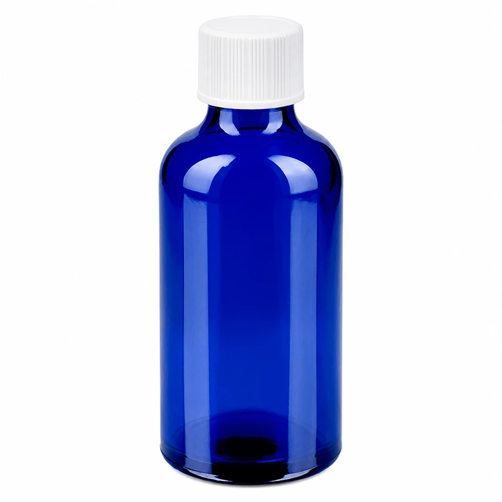 50ml flaska 11mm skruvkork vit Standard BlueLine UT18/50 50ml blå glasflaska med vit skruvkork 11mm SV STD BlueLine UT18