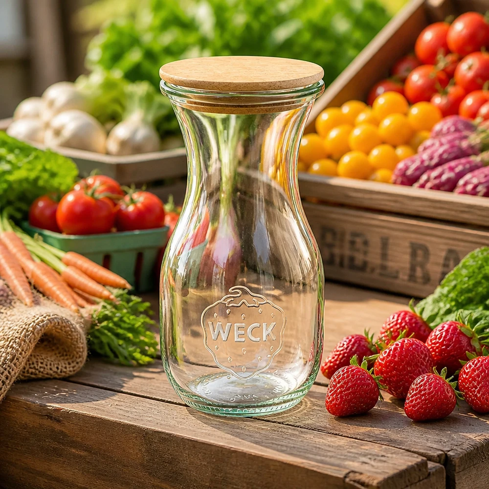 WECK glasflaska 290 ml med korkpropp mellan färska grönsaker och frukt på ett rustikt träbord