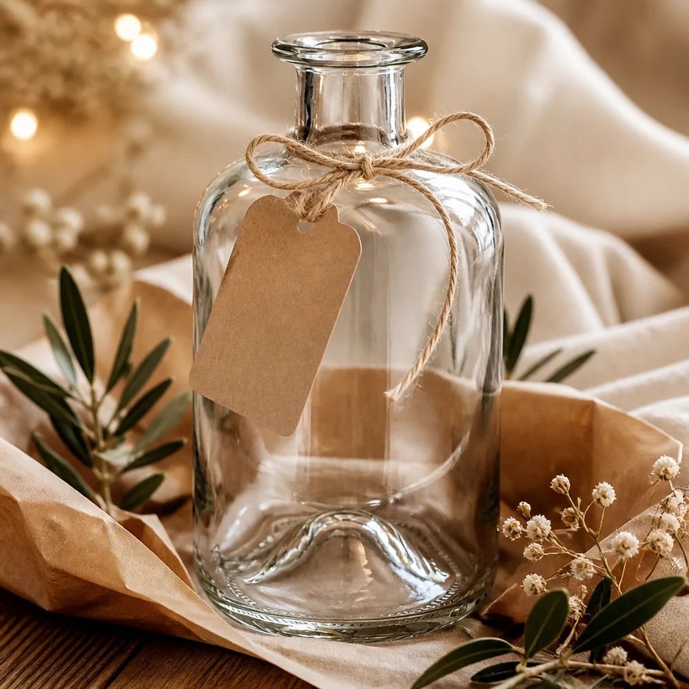 Apoteksflaska Luna 500ml transparent med kraftpappersetikett som presentförpackning mellan torkade blommor