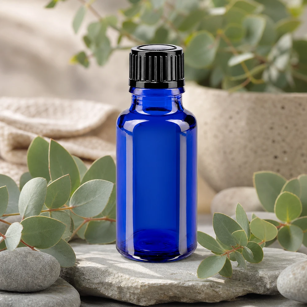 Apoteksflaska blå 20ml droppflaska 1mm svart standard Koboltblå glasflaska på 20 ml med svart barnsäkerhetslock på natursten