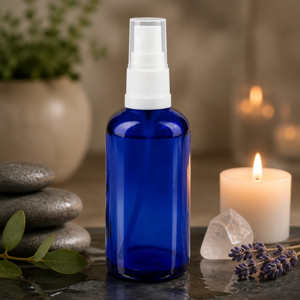 Apoteksflaska blå 50ml spray topp vit 50 ml sprayflaska i apotekerglas, koboltblå, med lavendelljus och kristaller