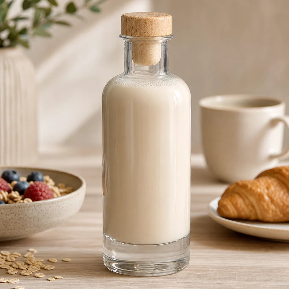 200 ml glasflaska Ella med kork med trähandtag UNiTWIST® 200 ml glasflaska Ella med träkork fylld med havremjölk på frukostbordet med müsli och croissant