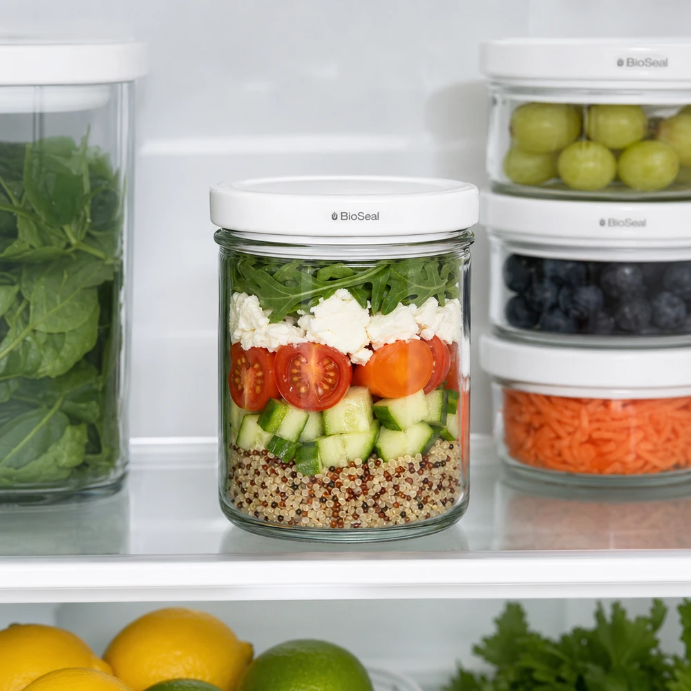 167 ml Krossade glasögon med vitt UNiTWIST BioSeal-lock UNiTWIST 167 ml kylskåpsburk med tumlare Meal Prep sallad skiktat BioSeal-lock för bibehållen färskhet