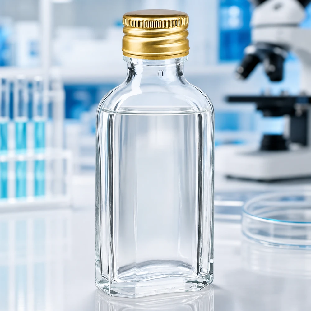Genomskinlig 50 ml Meplat-flaska med guldgul skruvkork av aluminium (PP22) i ett vetenskapligt laboratorium