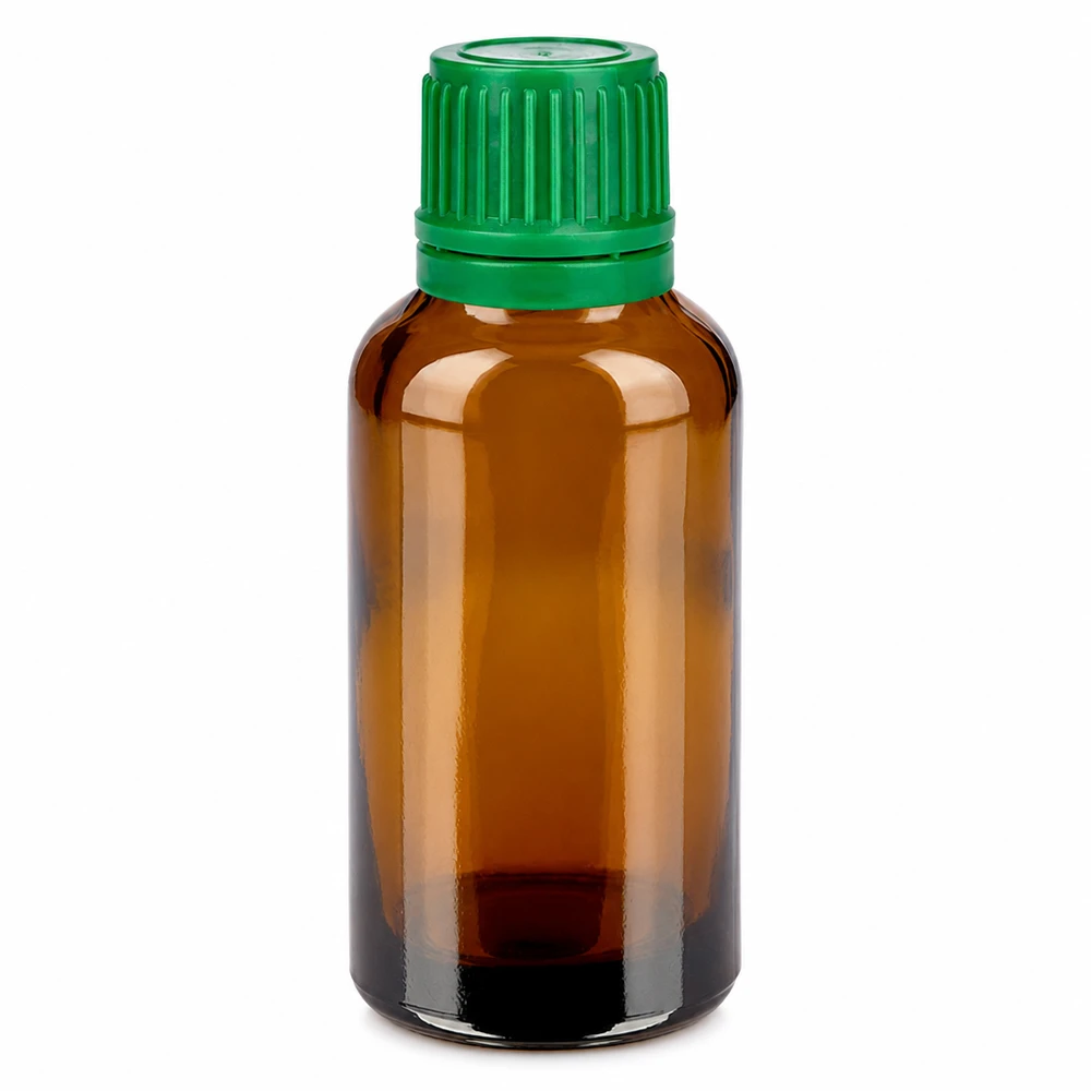 30 ml brun glasflaska med grönt skruvlock för eteriska oljor och läkemedel
