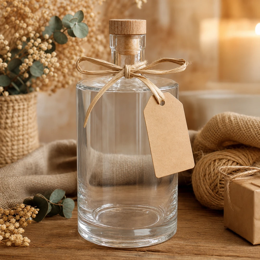 700 ml glasflaska Marie med träkork UNiTWIST® 700ml Glasflasche Marie leer mit Holzkorken und Geschenkanhänger in gemütlicher Deko-Szene mit Jute und Blumen