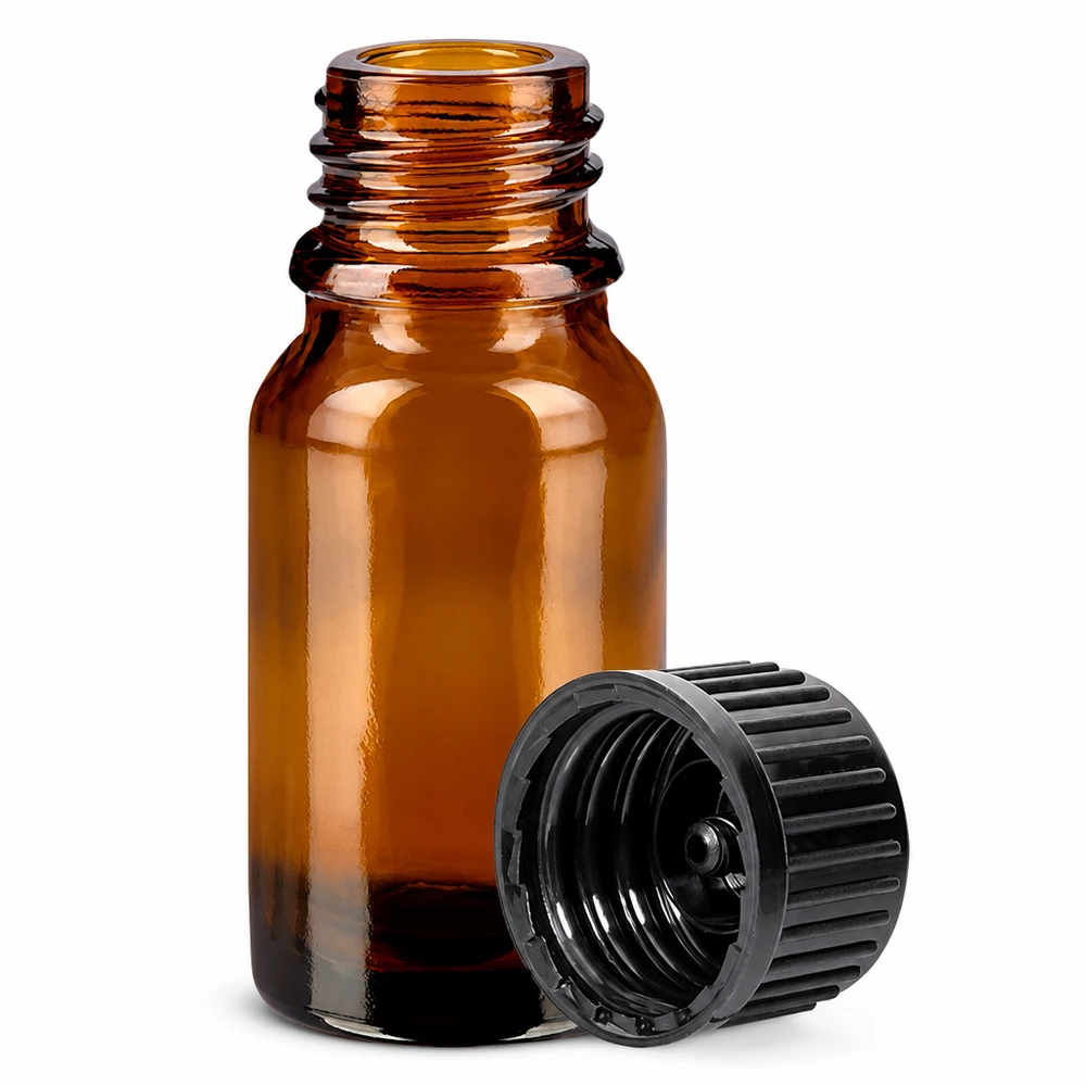 10ml flaska 11mm skruvkork svart standard BrownLine UT18/10 Liten 10 ml apoteksflaska av brunt glas med räfflad svart kapsyl