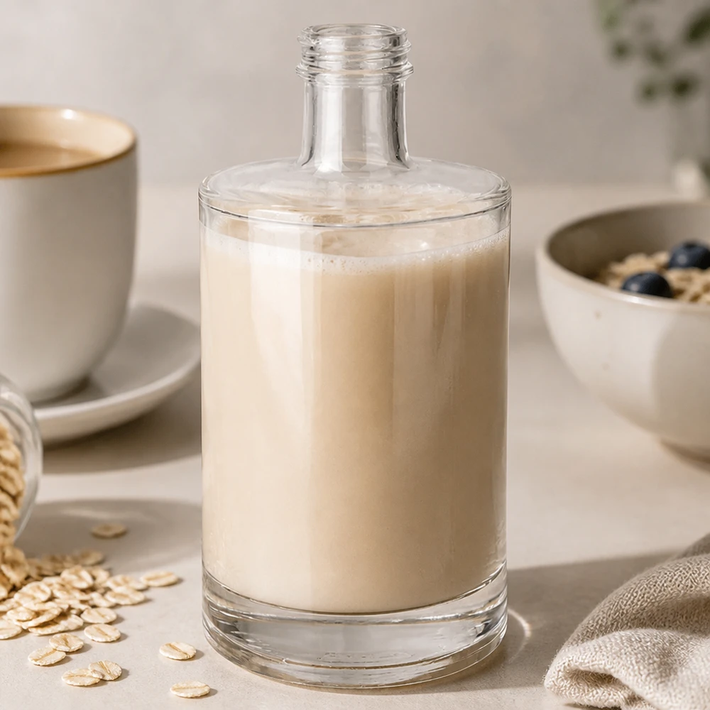500 ml glasflaska Sam utan skruvkork UNiTWIST® 500ml Glasflasche Sam mit Hafermilch befüllt neben Kaffeetasse und Haferflocken stylische Küchenszene morgendlicher Life