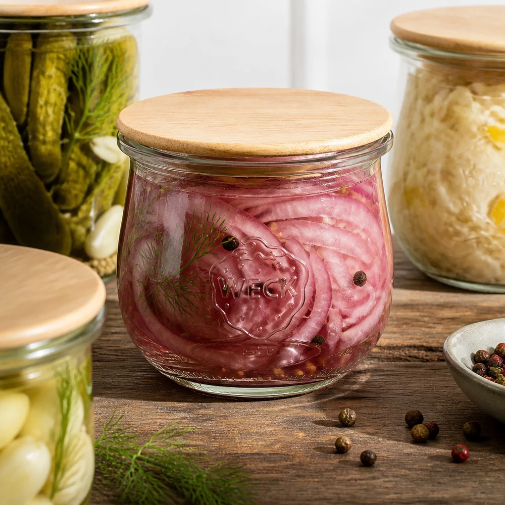 370ml tulpanburk WECK RR80 med trälock WECK tulpanburk 370ml RR80 med trälock för inlagd rödlök mellan kryddburkar på ett träbord