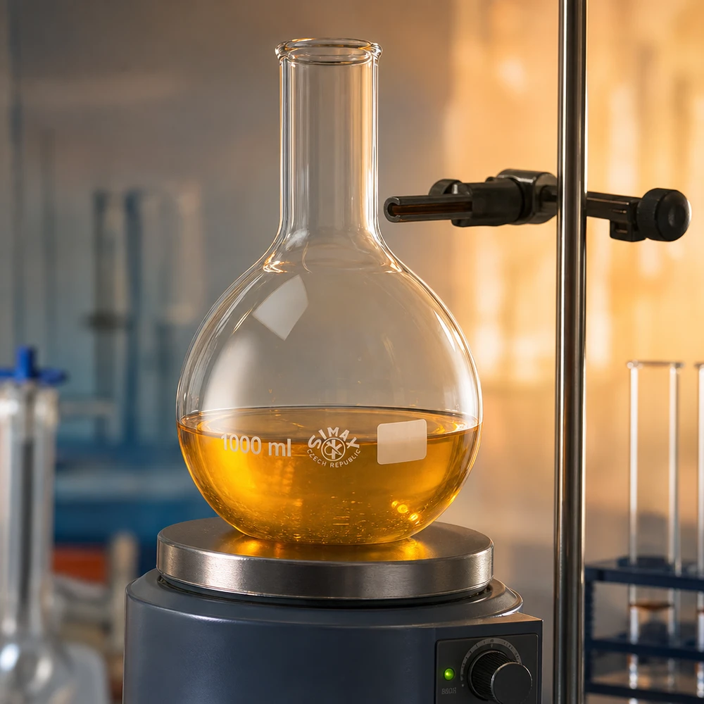 Stående kolv 1000ml smal hals Stående kolv 1000ml med smal hals på värmeplatta med gulaktig lösning för termiska laboratorieprocesser