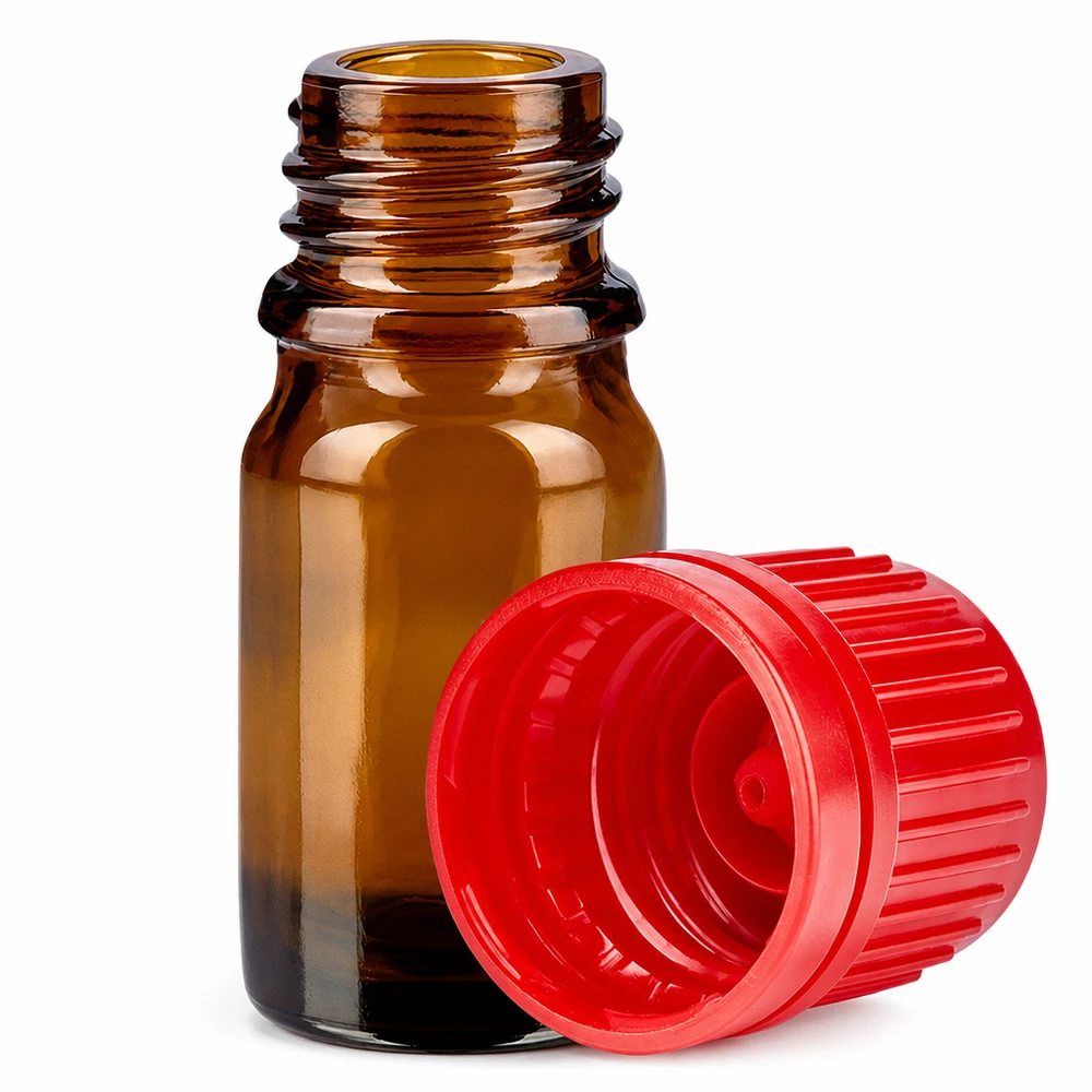 5ml flaska 11mm skruvkork röd sabotagesäker kapsyl BrownLine UT18/5 5ml bärnstensfärgad glasflaska med öppet rött skruvlock för kosmetika