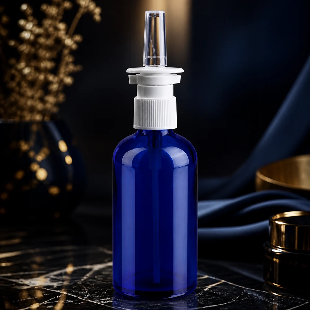 100ml nässprayflaska svart vit/transparent standardlock BlueLine UT18/100 Medicinsk glasflaska 100 ml med exakt nässpraysystem och hygieniskt lock
