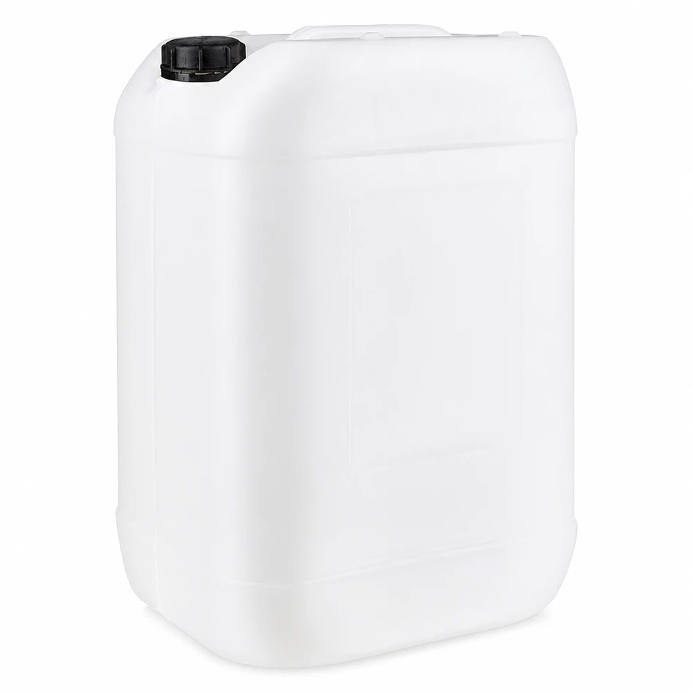 Dunk 25 liter med skruvkork och säkerhetsförslutning Vit plastdunk på 25 liter med svart skruvlock av HDPE