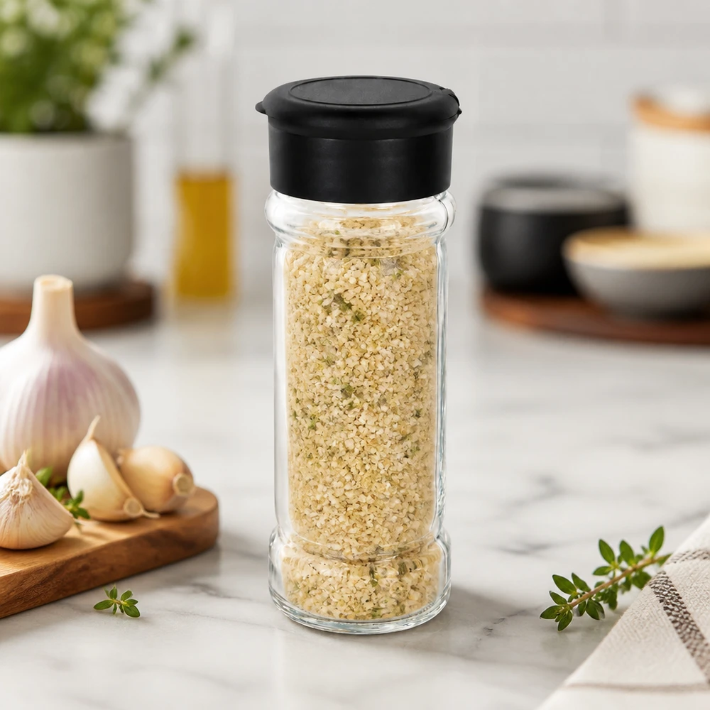 Salt-/kryddburk 100 ml med ströare, svart Kryddburk på 100 ml fylld med vitlökssalt och svart ströare på marmor