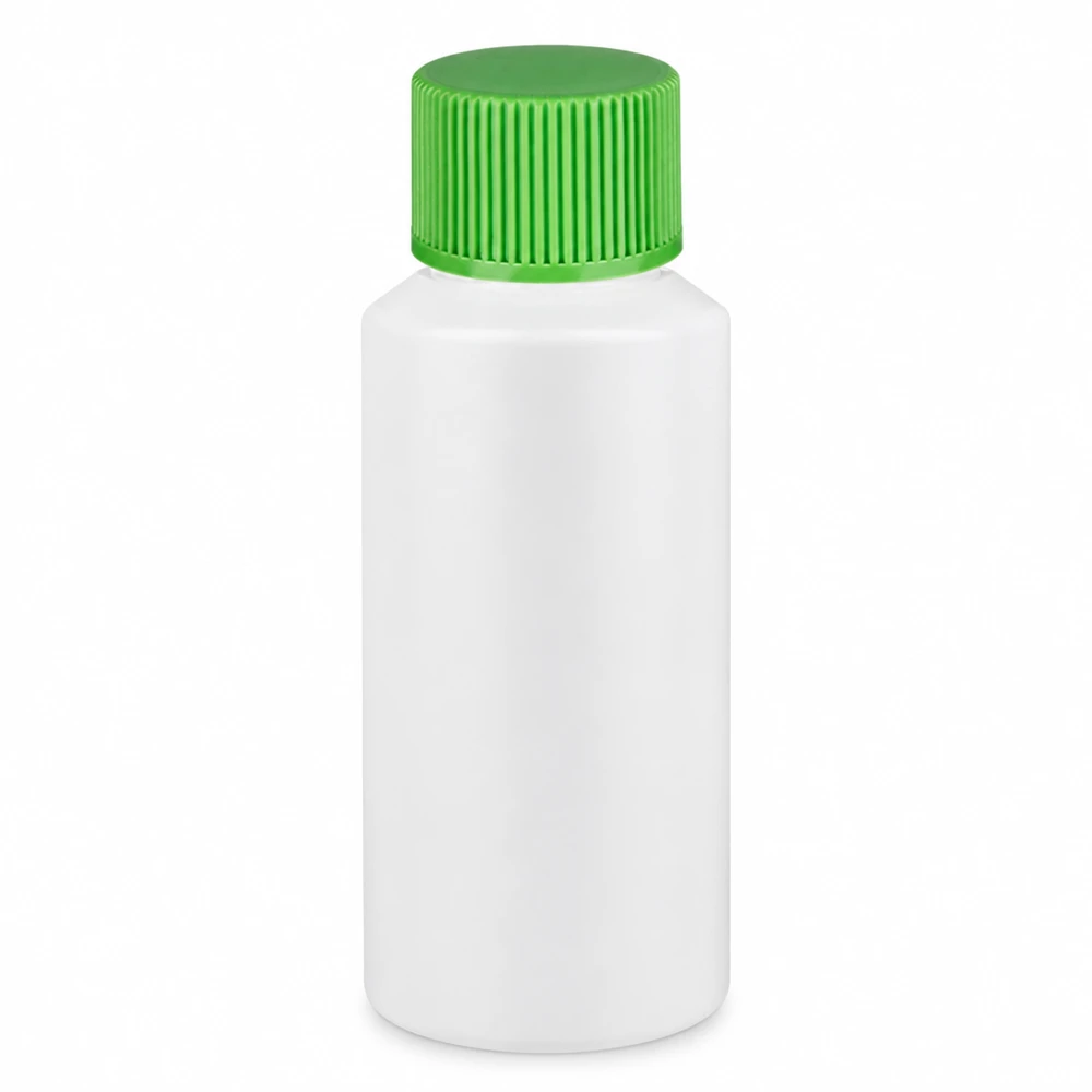 Apoteksflaska HDPE 30ml vit, med grönt skruvlock Apoteksflaska i HDPE, 30 ml, vit med grönt skruvlock för farmaceutiska tillämpningar
