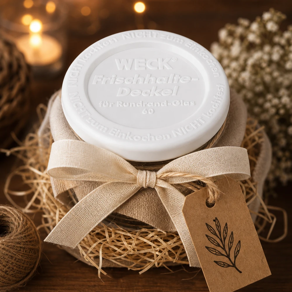WECK keep-fresh lock RR60 presentförpackning rustik dekoration linnebåge kraftpapper tagg jul