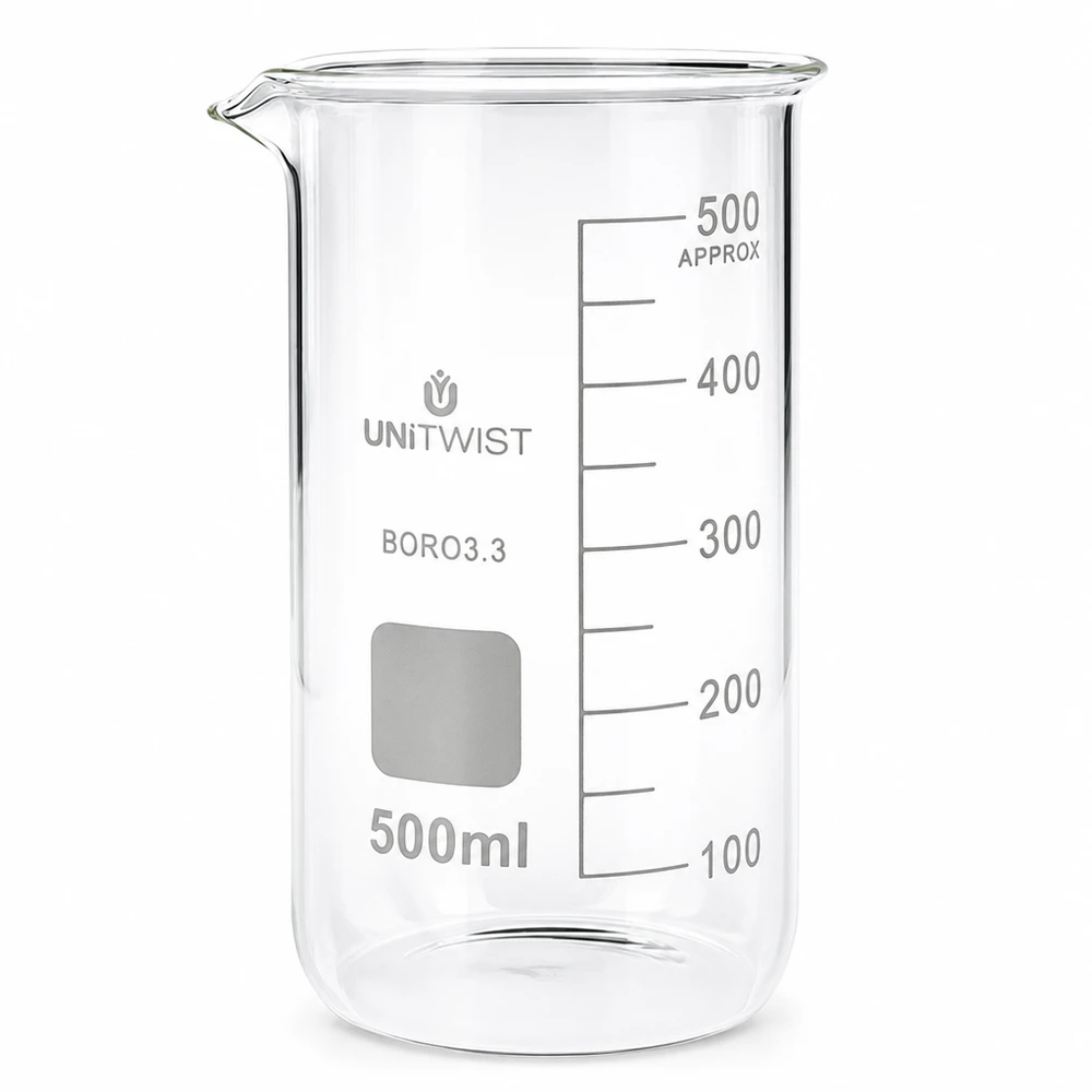 Bägare 500ml borosilikat, högformad UNiTWIST Bägare, 500 ml, hög modell, tillverkad av borosilikatglas 3.3 med milliliterskala från UNITWIST