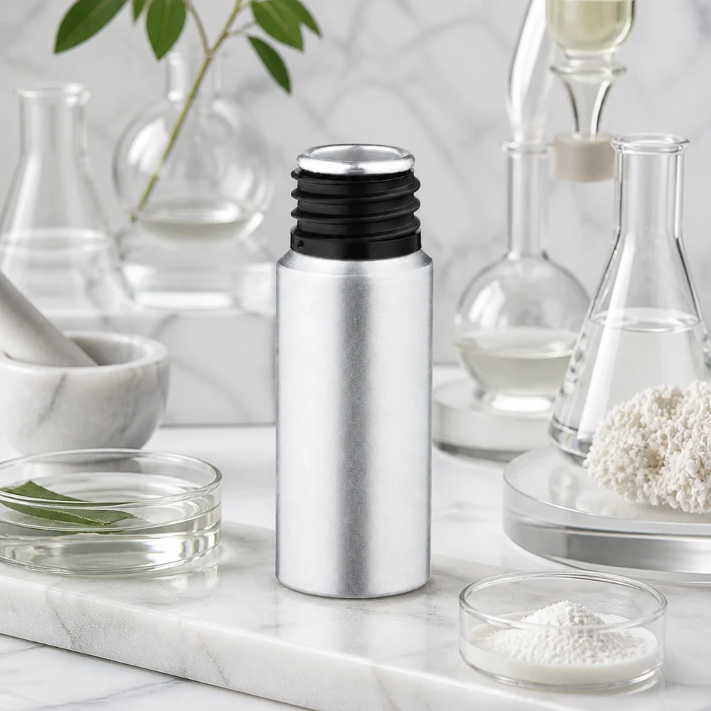 20ml flaska i betad aluminium Liten 20 ml flaska i färgat aluminium, idealisk för kosmetika och hudvård, i silverfärgad finish