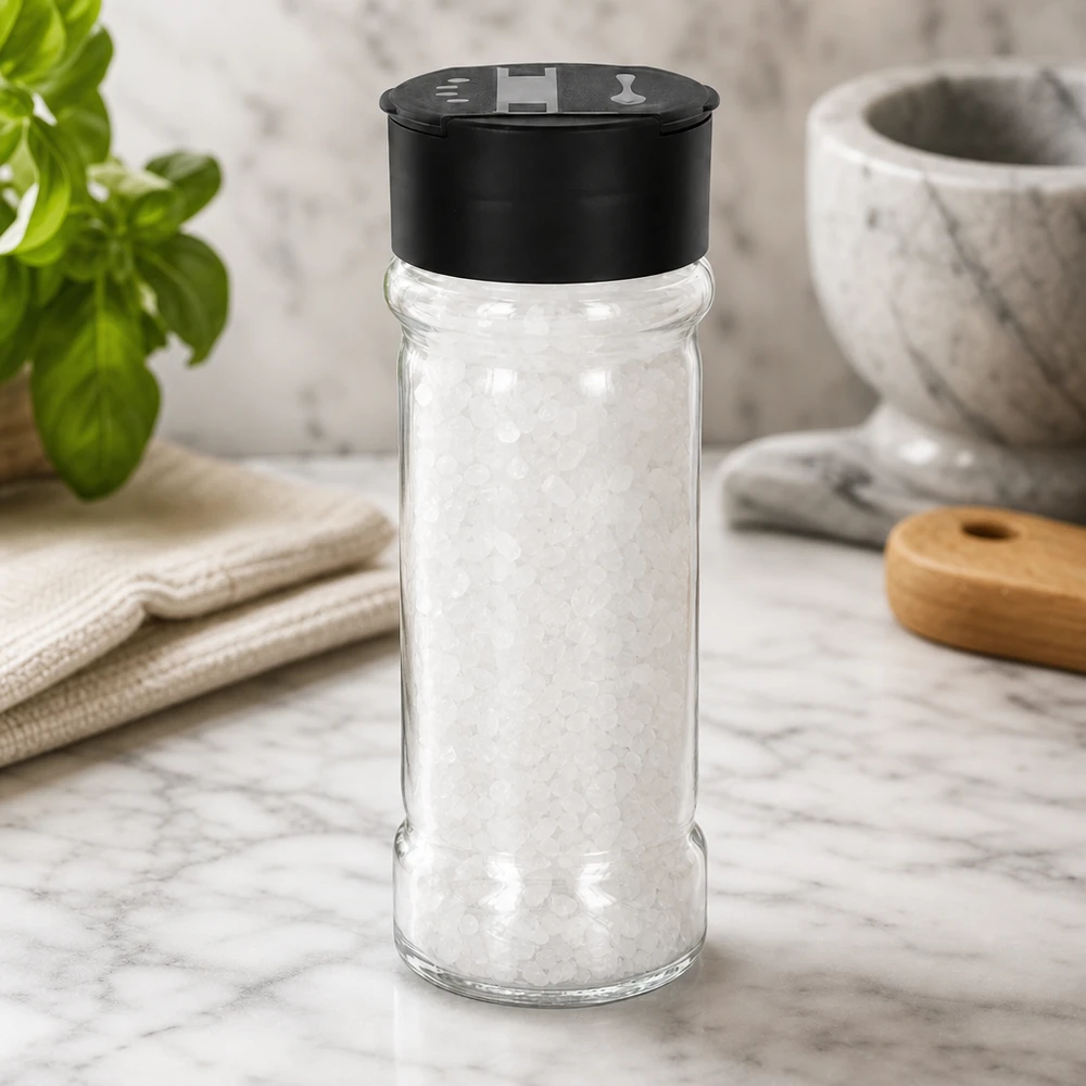 Salt- och kryddburk 100 ml, fylld med grovt havssalt och med svart lock med dubbla ströare, på en marmorplatta
