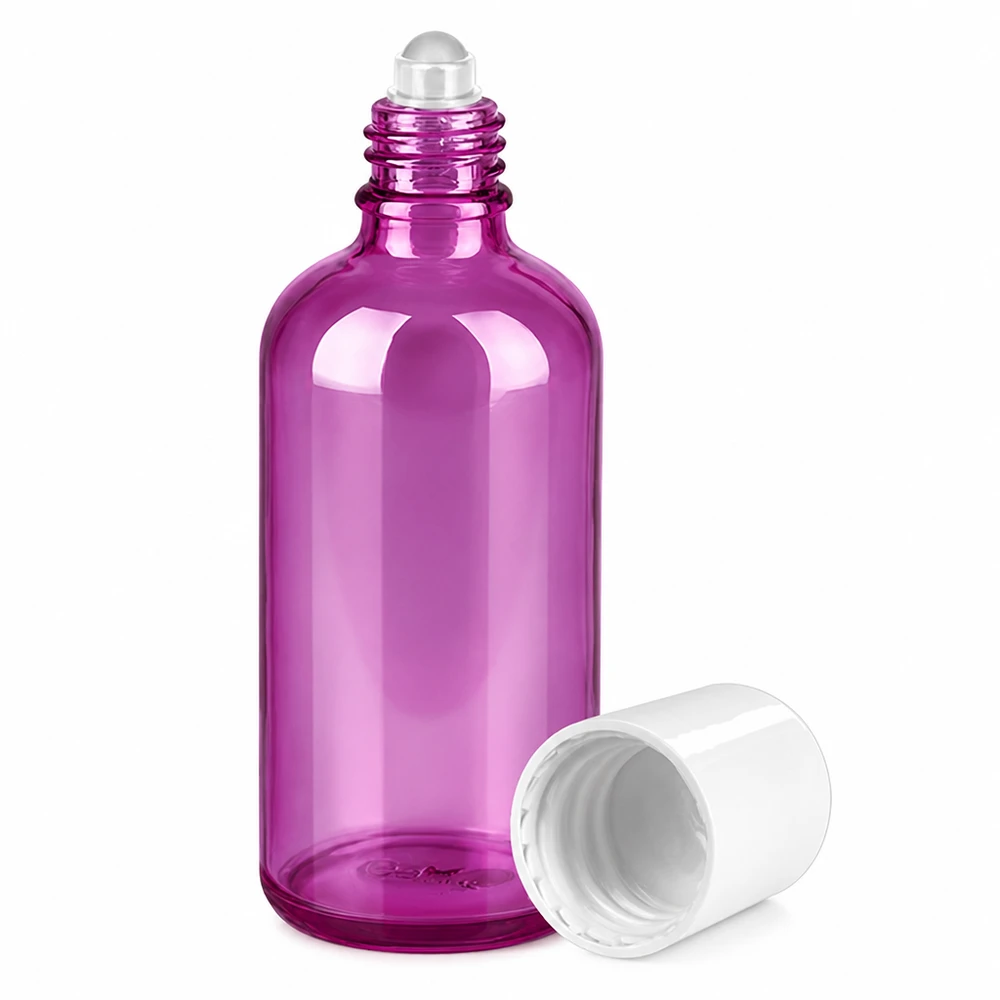 Lila 100 ml glasflaska med roll-on-applikator för exakt applicering av oljor och serum