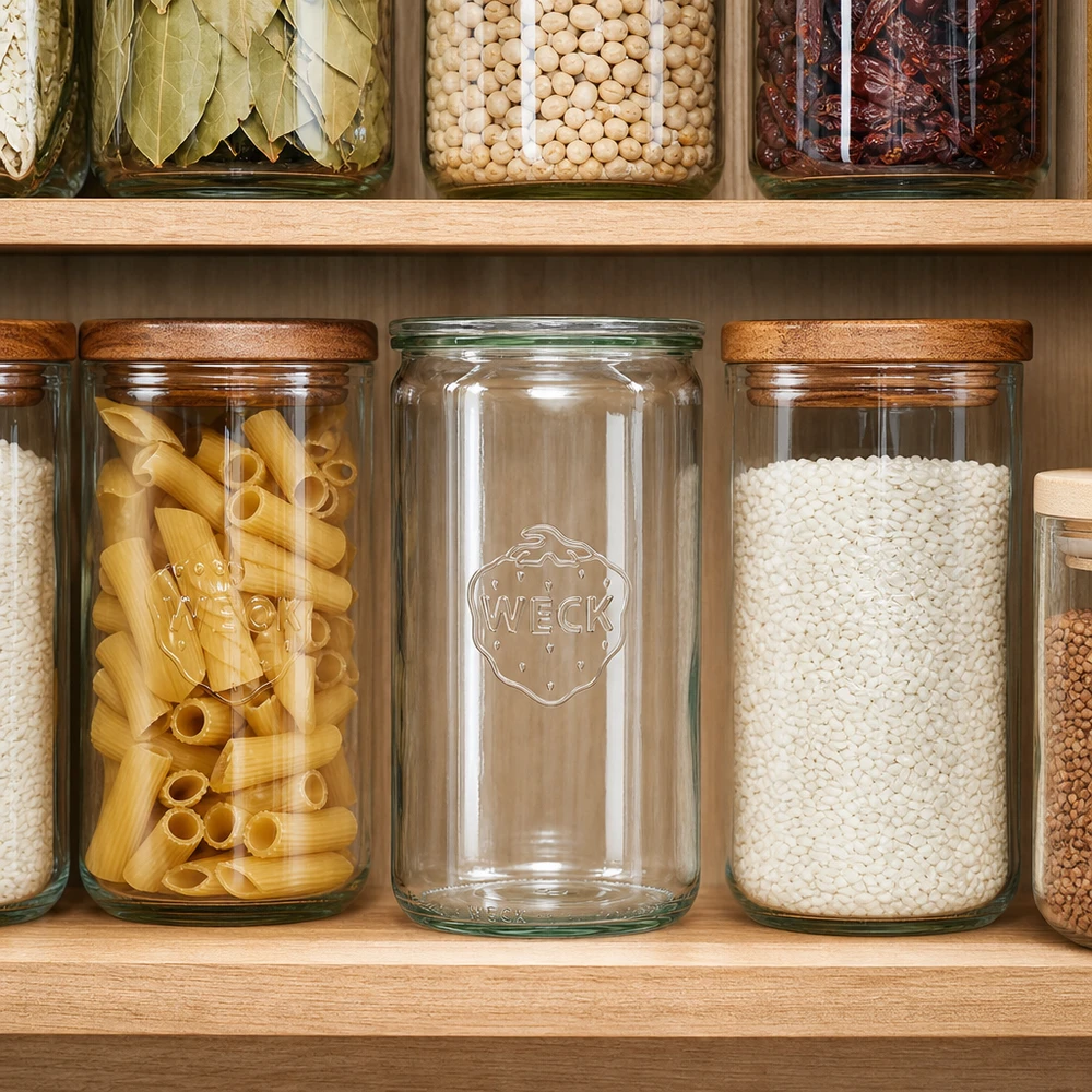 1590ml cylinderburk med glaslock WECK RR100 WECK förvaringsburk 1590ml RR100 i organiserat skafferi mellan pasta och ris fyllt med trähyllor