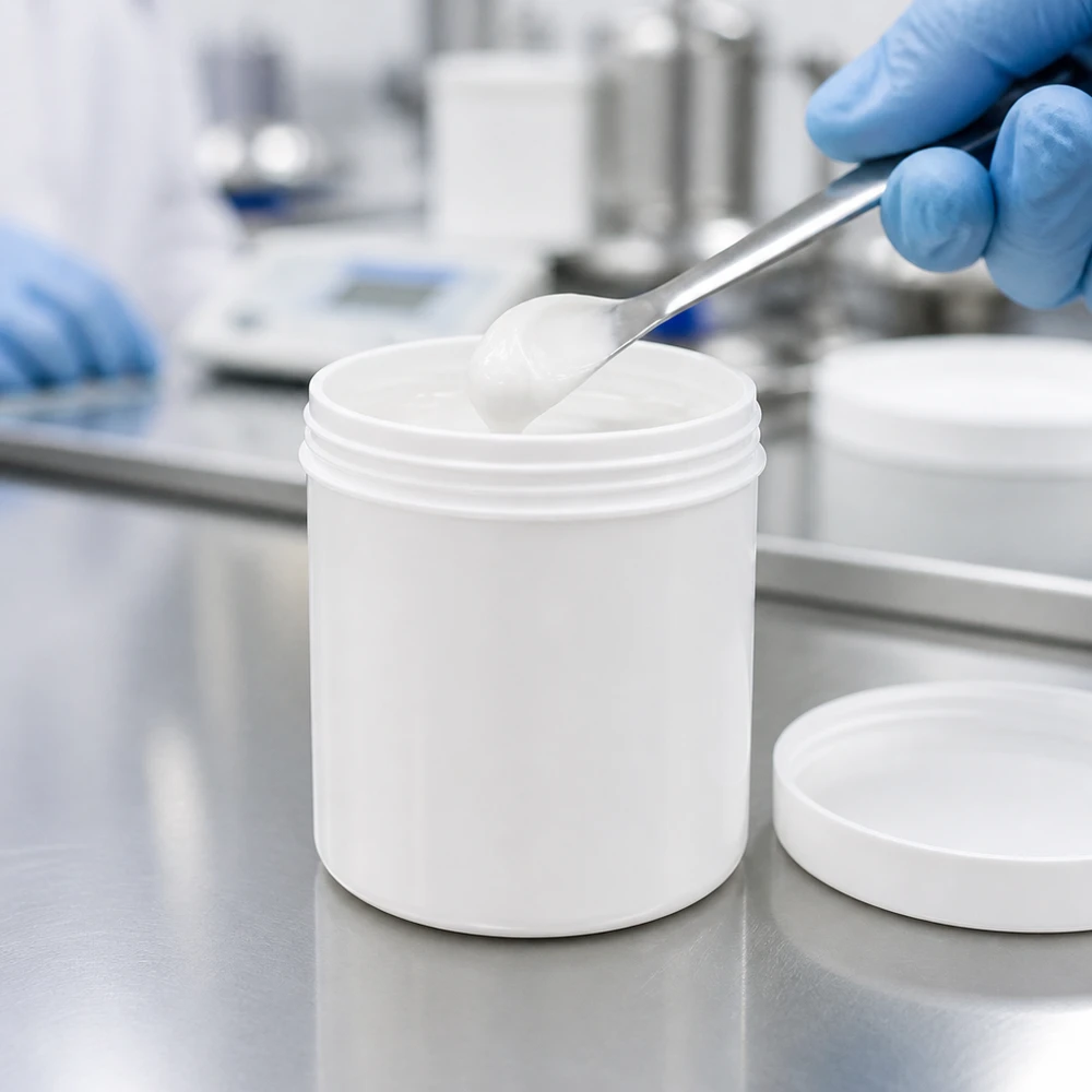 Salvburk 50g vit med vitt skruvlock (polypropylen) En laboratorietekniker tar ut vit salva ur en 50 g PP-salvburk med en spatel i en farmaceutisk miljö