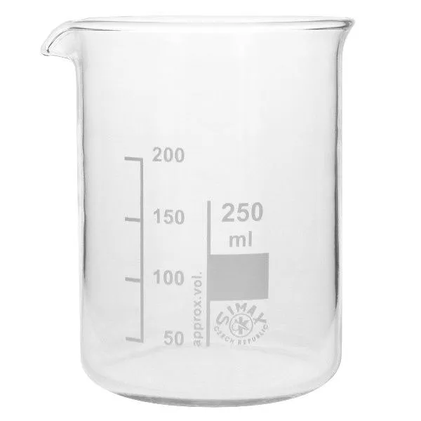 Bägare 250 ml av högkvalitativt borosilikatglas med pip och skala för laboratorium och kök