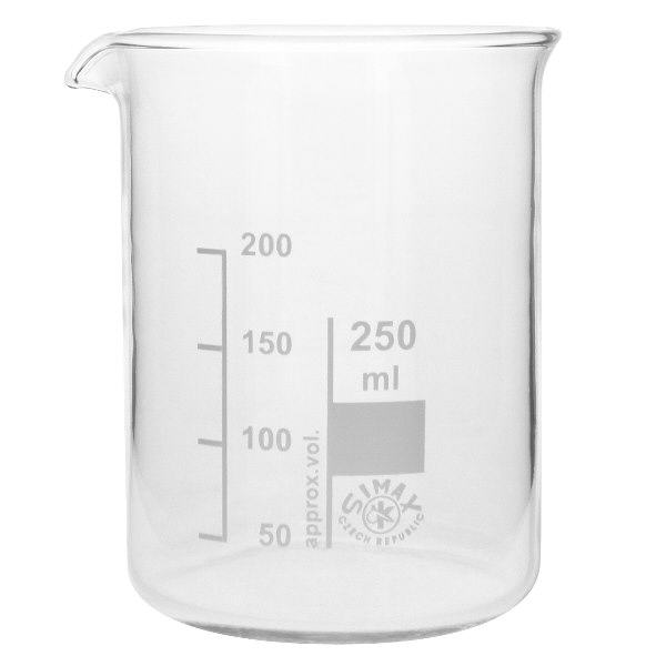 Bägare 250ml borosilikatglas, låg form Bägare 250 ml av högkvalitativt borosilikatglas med pip och skala för laboratorium och kök