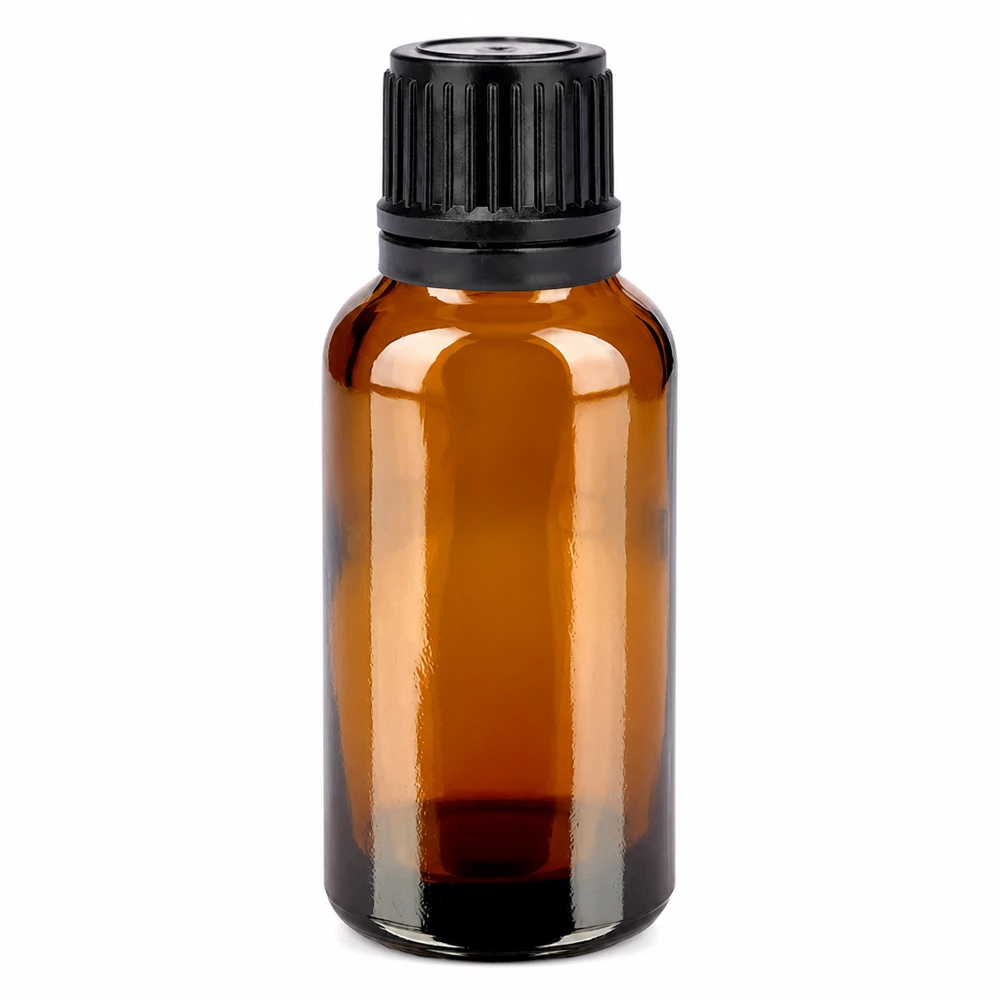 30 ml brun glasflaska med svart lock för eteriska oljor och kosmetika
