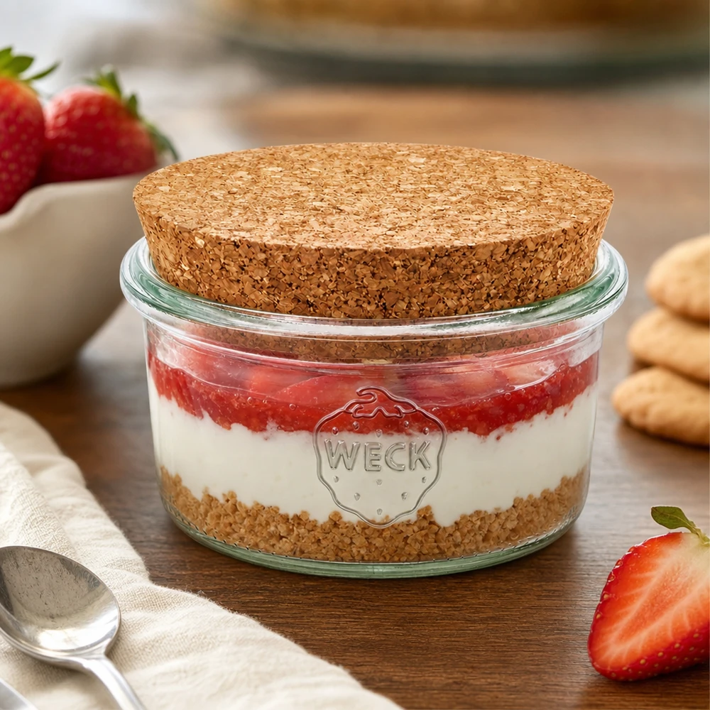 165ml Krossade glasögon WECK RR80 med kork naturell WECK Sturzglas 165ml mit Korkdeckel als Dessertglas für Erdbeer-Tiramisu dekoriert mit frischen Erdbeeren