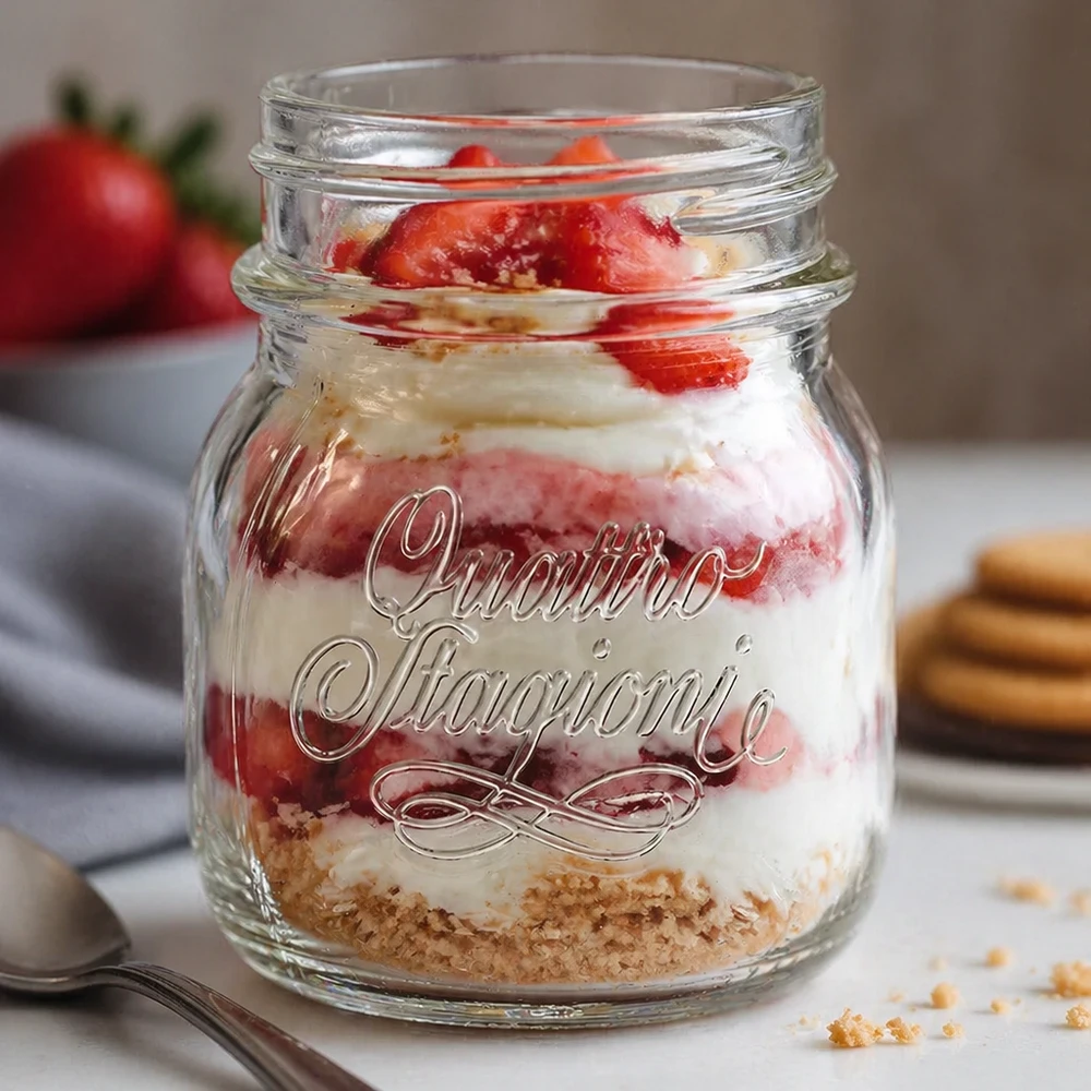 150 ml Quattro Stagioni hushållsglas fyllt med en lagrad dessert av jordgubbar och grädde på en vit köksbänkskiva