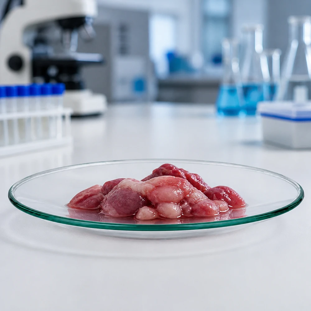 Klockformad glasskål ø80 mm Titta på glasskål 80 mm med organiska prover i en steril laboratoriemiljö för mikrobiologiska tester